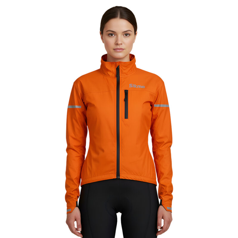 Women’s Orange Waterproof Cycling Jacket with Hood | Lightweight RainCoat for Outdoor Biking, Running & Sports