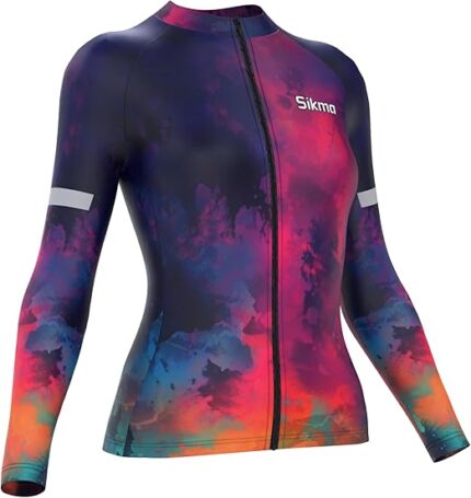 Sikma Women’s Cycling Winter Jersey Full Sleeve with Back Pockets Roubaix Jersey Hi Viz Reflection, Breathable Full Zip Top for Outdoor Sports