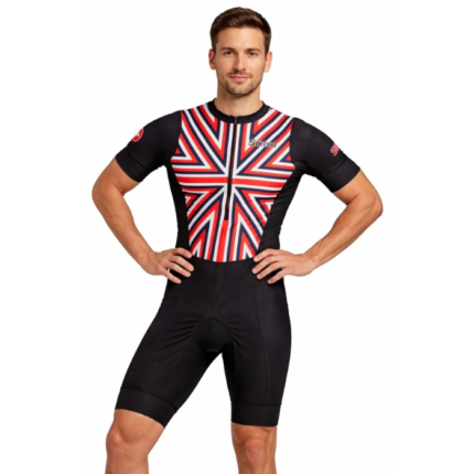 Sikma Men’s Half Sleeve Trisuit Breathable Mesh Triathlon Padded Suit with Hi Viz Reflection One Back Pocket and Power Band Leg Grippers Trisuit