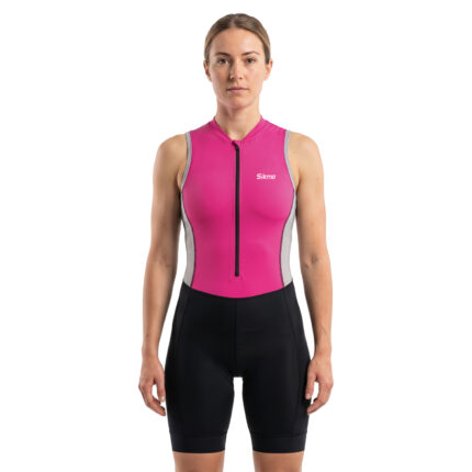 Women’s Sleeveless Pink Triathlon Cycling Skinsuit One-Piece Aero Bike Racing Suit with Padded Shorts Front Zipper
