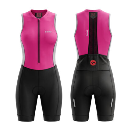 Women’s Sleeveless Pink Triathlon Cycling Skinsuit One-Piece Aero Bike Racing Suit with Padded Shorts Front Zipper