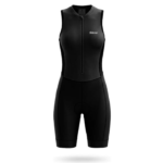 Women’s sleeveless triathlon cycling skinsuit black front view and padded design