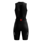 Women’s sleeveless triathlon cycling skinsuit black front view and padded design