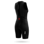 Women’s sleeveless triathlon cycling skinsuit black front view and padded design