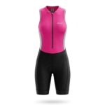 Women’s pink sleeveless triathlon cycling skinsuit front view with zipper and padded design