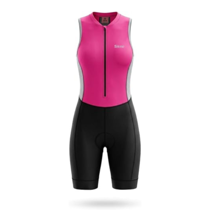 Women’s pink sleeveless triathlon cycling skinsuit front view with zipper and padded design