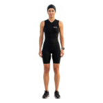 Women’s sleeveless triathlon cycling skinsuit black front view and padded design