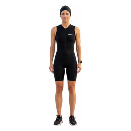Women’s sleeveless triathlon cycling skinsuit black front view and padded design