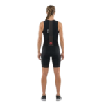 Women’s sleeveless triathlon cycling skinsuit black front view and padded design