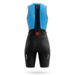 Women’s blue triathlon cycling skinsuit with aerodynamic fit, breathable fabric, and padded comfort for performance.