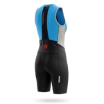 Women’s blue triathlon cycling skinsuit with aerodynamic fit, breathable fabric, and padded comfort for performance.