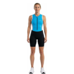 Women’s blue triathlon cycling skinsuit with aerodynamic fit, breathable fabric, and padded comfort for performance.