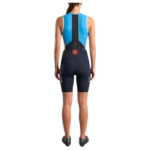 Women’s blue triathlon cycling skinsuit with aerodynamic fit, breathable fabric, and padded comfort for performance.